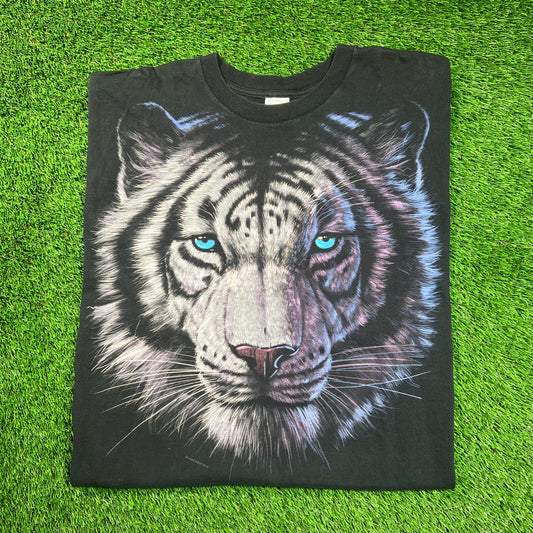 1990s White Bengal Tiger Nature Tee Black Size XXL USED v18462