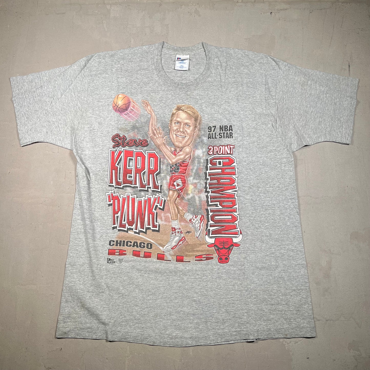 1990s Steve Kerr Chicago Bulls 3 Point Pro Player Tag Grey Tee Size XXL USED v17803
