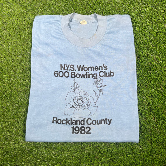 1982 Womens Bowling Club Blue Tee Size Large USED v17423