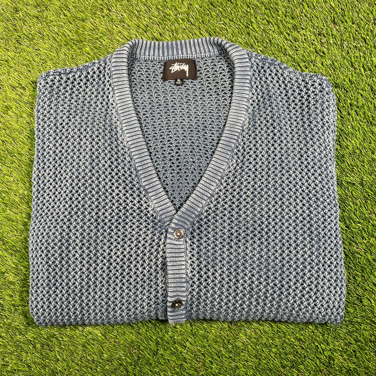 Stussy 2 Tone Blue Loose Gauge Knit Vneck Sweater Size XL USED x15861