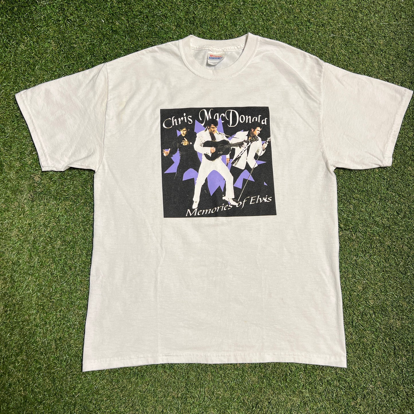 1990s Chris Mac Donald Memories of Elvis White Tee Size Large USED v16127