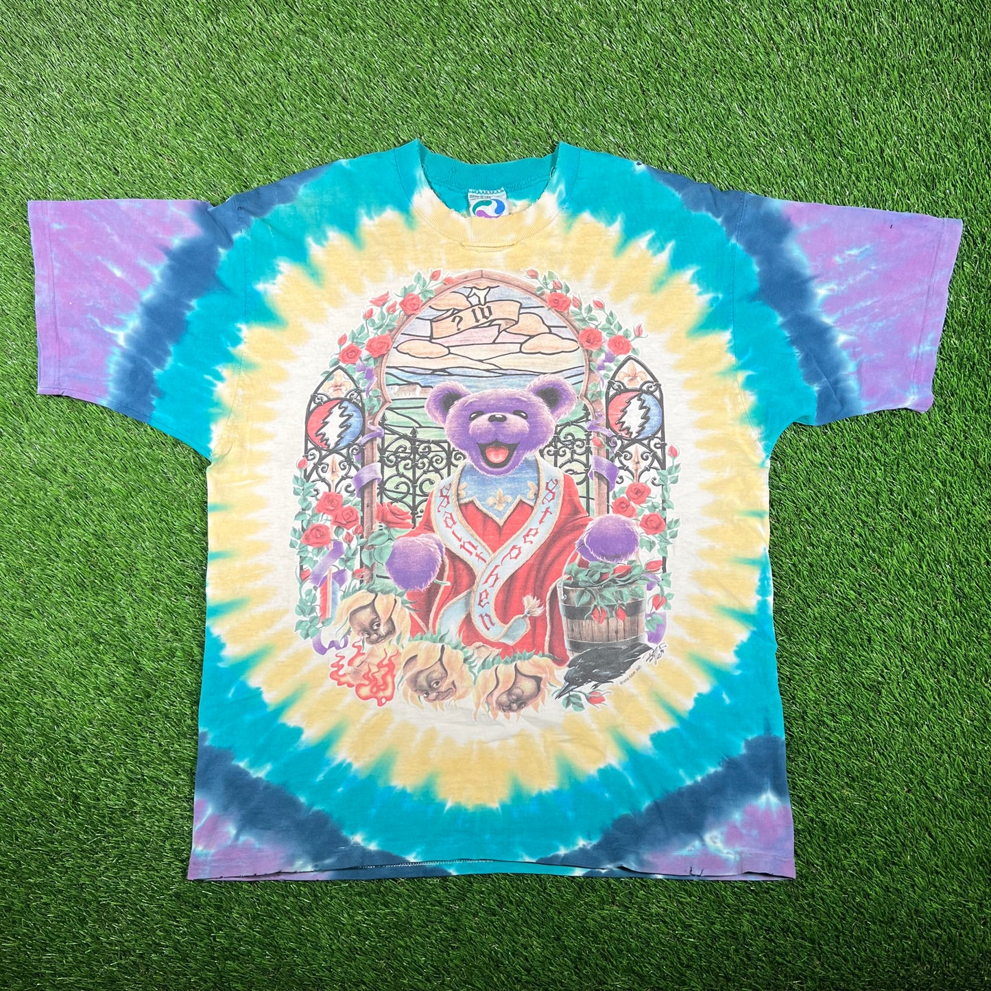 1998 Grateful Dead Bear Saint Stainglass Tie Dye Tee Size Large USED v16683