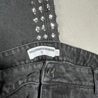 Vale Washed Black Flower Rhinestone Black Denim Jeans Size 34 USED x18923