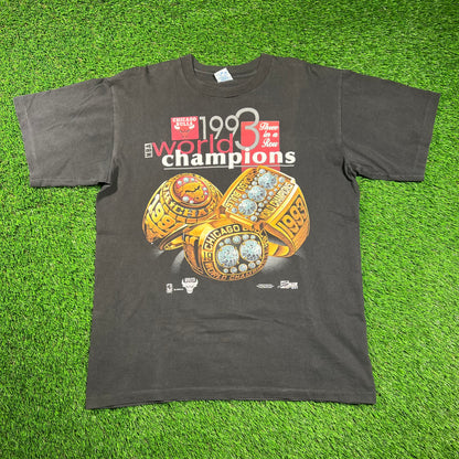 1993 Chicago Bulls Black World Champs Tee (DRYROT) Size Large USED v18388