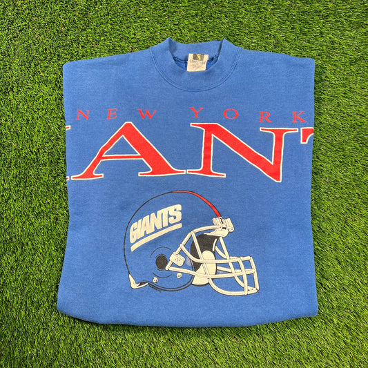 1990s New York Giants Helmet Big Spellout Logo Blue Crewneck Size XL USED v18415
