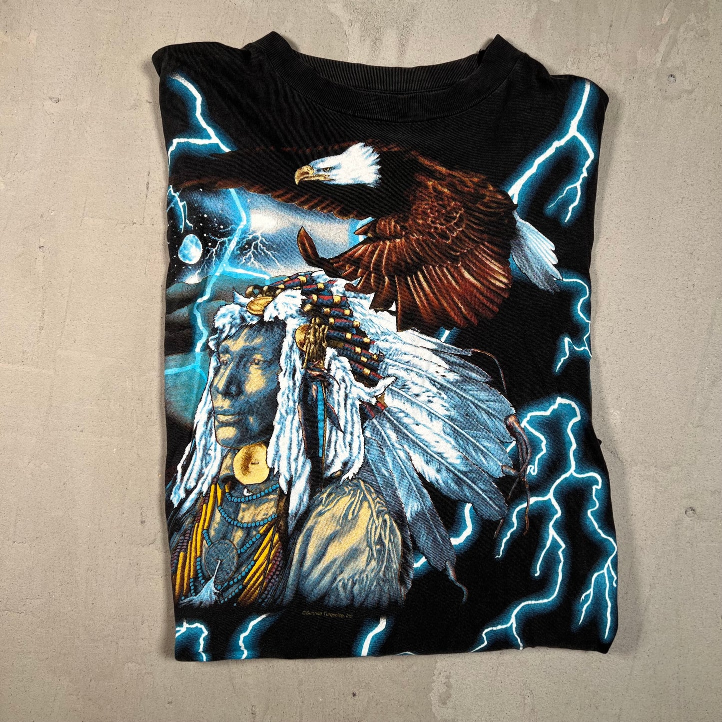 1990s American Thunder Native American AOP Black Tee Size Large USED v17917