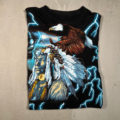 1990s American Thunder Native American AOP Black Tee Size Large USED v17917