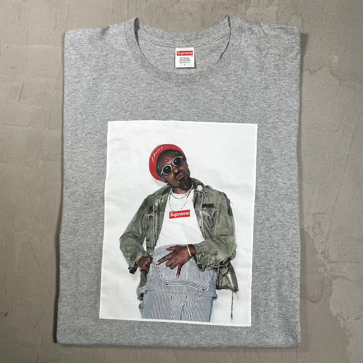 Supreme Andre 3000 Heather Grey Photo Tee Size Large USED x18492