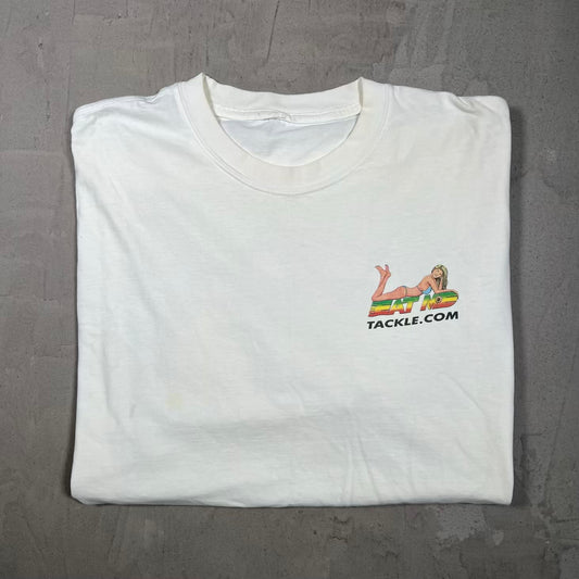 Y2K Eat Me Fishing Lady Tackle com White Tee Size XL USED v20289