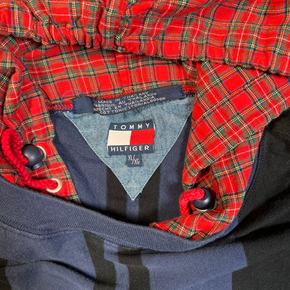 1990s Tommy Hilfiger Blue/Green Stripped Plaid Hood Longsleeve Size XL USED v18883