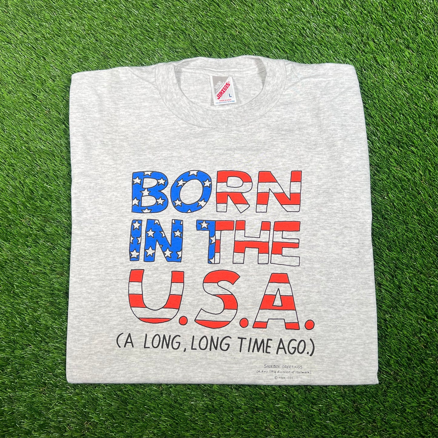 1990s "Born in the USA" Grey Humor Tee Size Large USED v17606