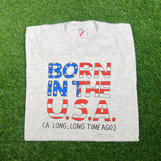 1990s "Born in the USA" Grey Humor Tee Size Large USED v17606