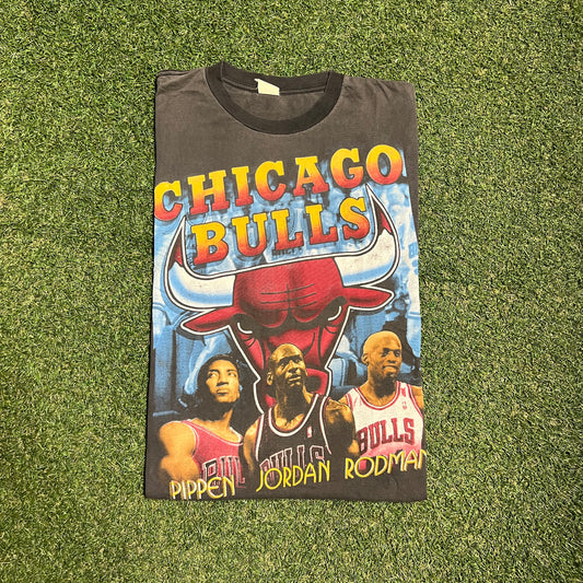 1996 Chicago Bulls World Champs Rap Style Black Tee Size XL USED v16048