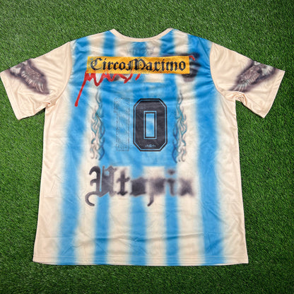 Travis Scott Utopia "Topia" Yellow/Blue Soccer Jersey Size XXL USED x15418