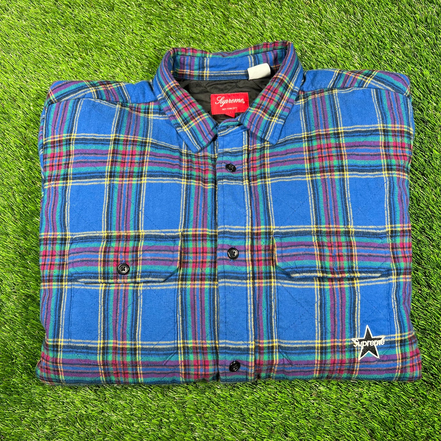 Supreme Quilted Plaid Flannel Shirt 'Dusty Royal' (2021) Size Large USED x14833