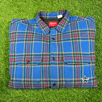 Supreme Quilted Plaid Flannel Shirt 'Dusty Royal' (2021) Size Large USED x14833
