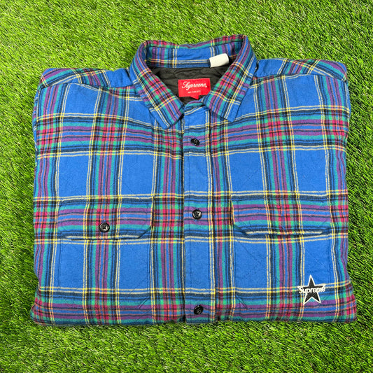 Supreme Quilted Plaid Flannel Shirt 'Dusty Royal' (2021) Size Large USED x14833