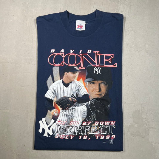 1999 David Cone 27 Up 27 Down Navy Tee Size XL USED v14154