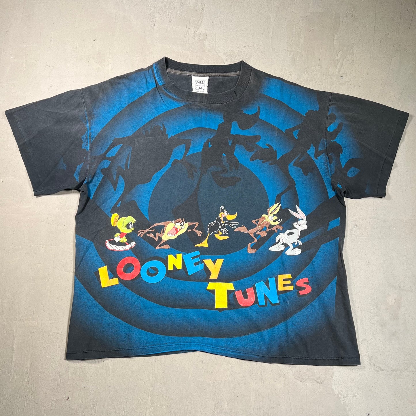 1992 Looney Tunes Spiral All Over Print Black Tee Size XL USED v13972