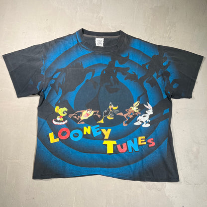 1992 Looney Tunes Spiral All Over Print Black Tee Size XL USED v13972