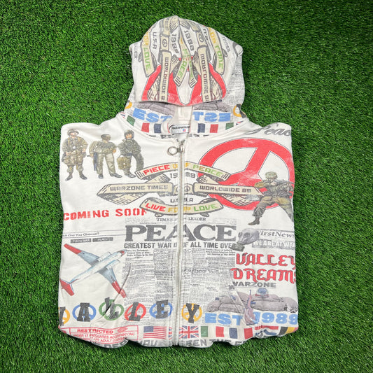 Vale Peace Newspaper White Zip Up Hoodie Size Medium USED x16619