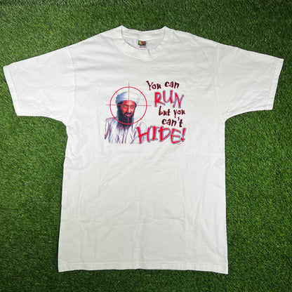 Y2K Osama You Can Run But Cant Hide White Tee Size Large USED v16750