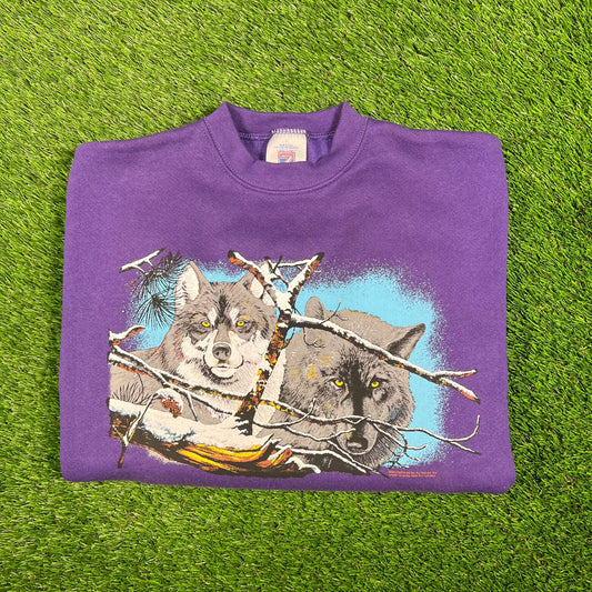 1990s Wolves Purple Wildlife Crewneck Size Medium NEW v17535