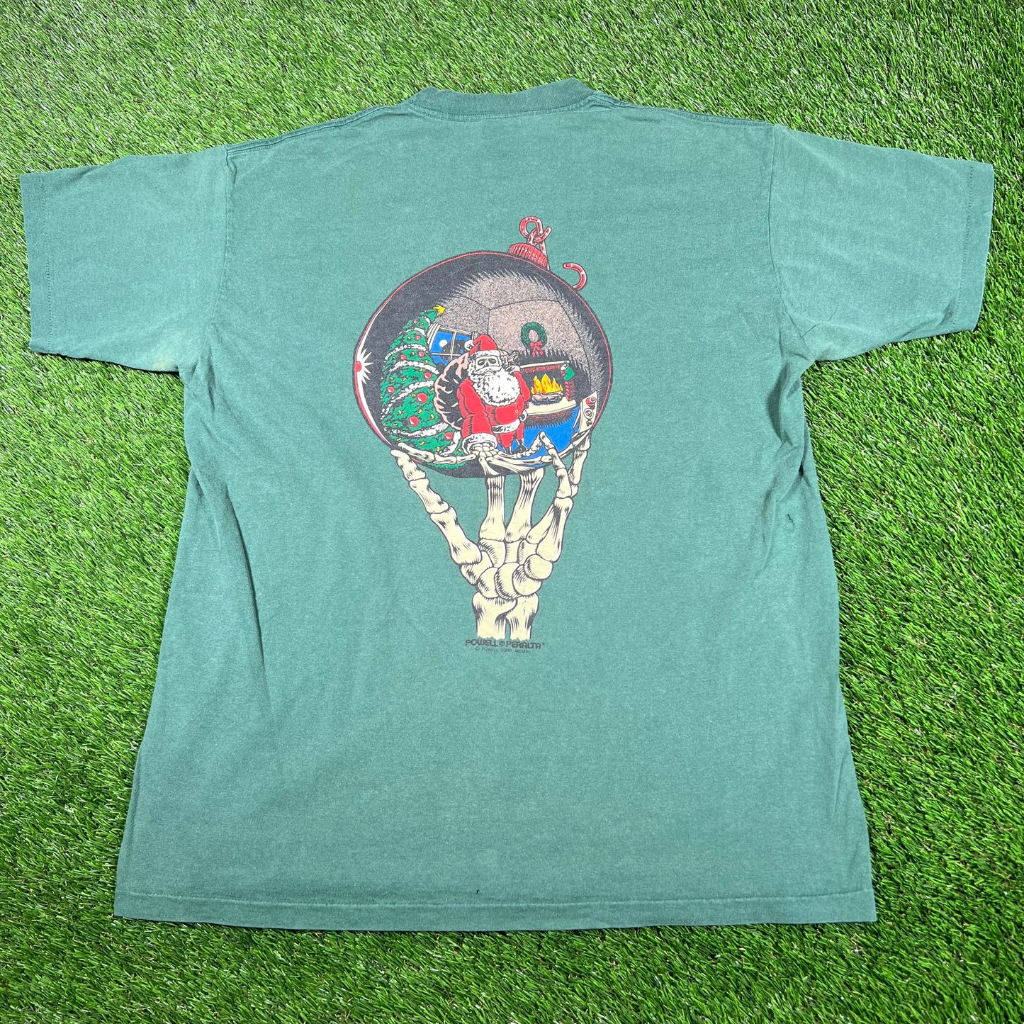 Y2K Powell Peralta Green Skeleton Santa Tee Size XL USED v16968