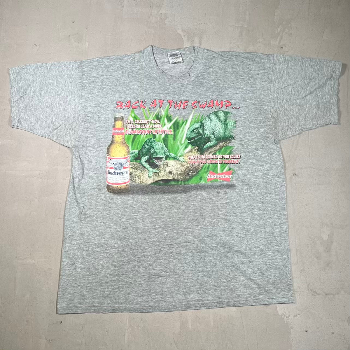 1999 Budweiser Back At The Swamp Lizard Grey Tee Size XL USED v20056