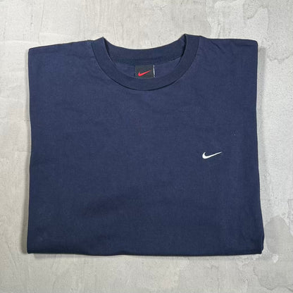 Y2K Nike White Swoosh Navy Blue Tee Size Large USED v20354