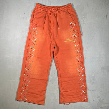 HMDD Rhinestone Crystal Washed Orange Sweatpants Size Small USED x18955