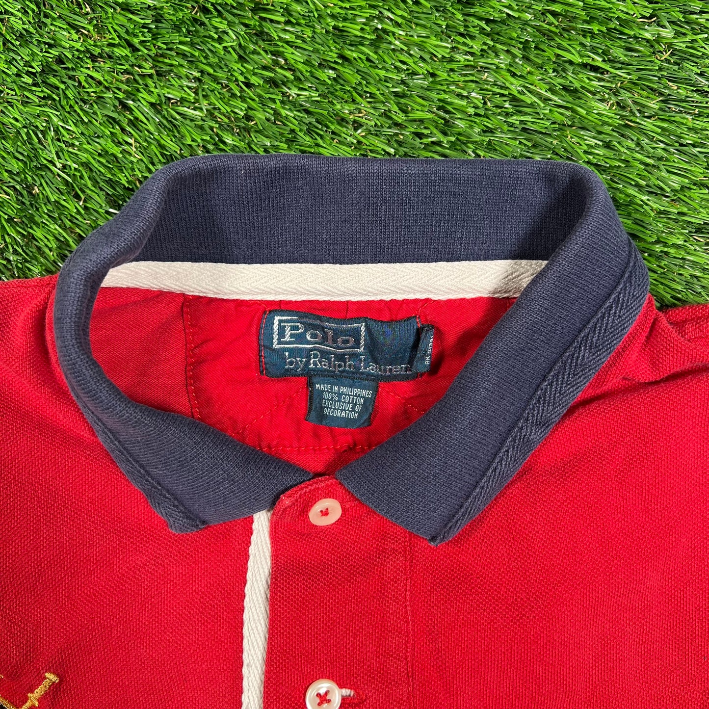 Polo Ralph Lauren Red/Gold Pony Logo Polo Shirt Size Large USED v18399