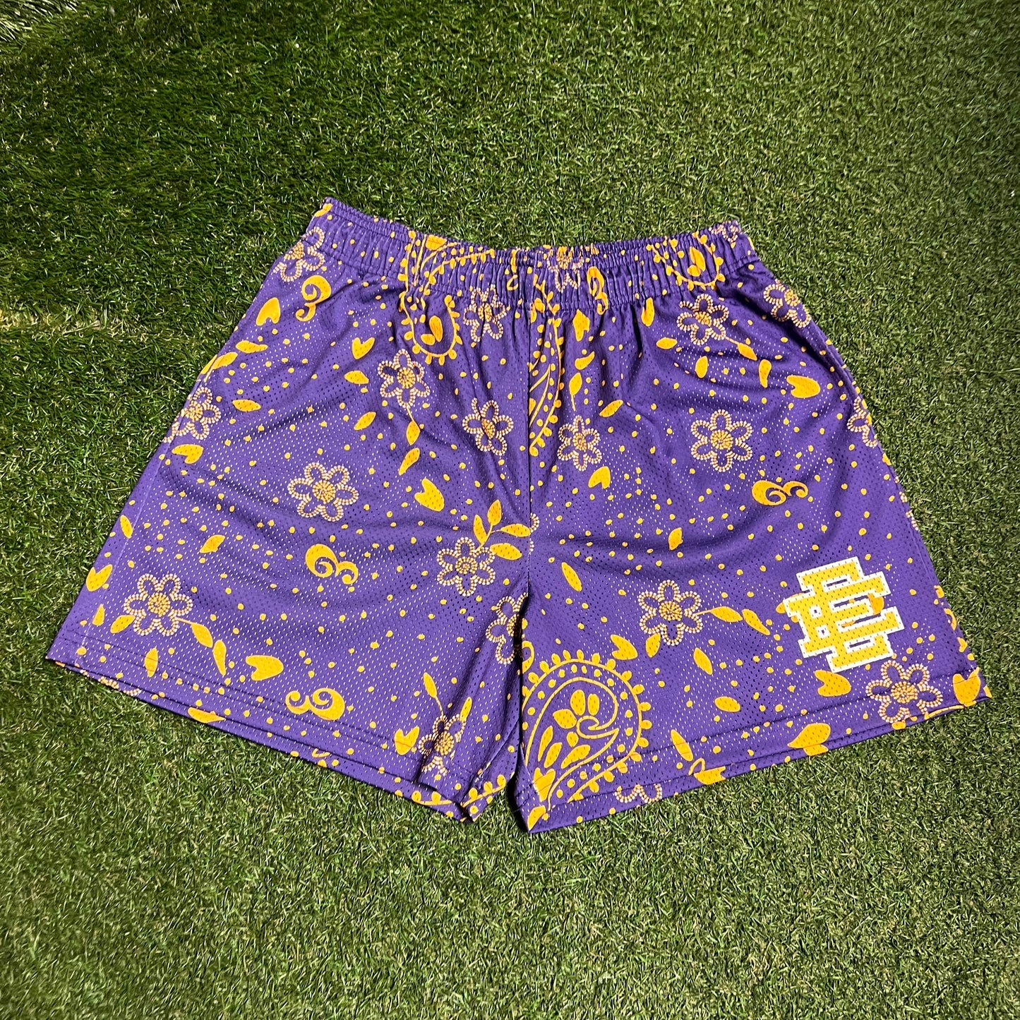 Eric Emanuel Yellow Logo Purple Pasily Shorts Size XXL USED x13730