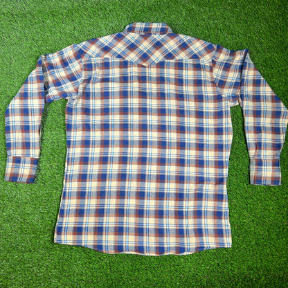 1980s Genuine Roebucks Button Up Blue/Tan Flannel Size Large USED v16532