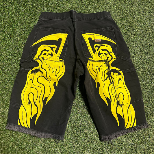 Warren Lotas x Carhartt Black Work Shorts Yellow Back Hit Size 30 USED x13931