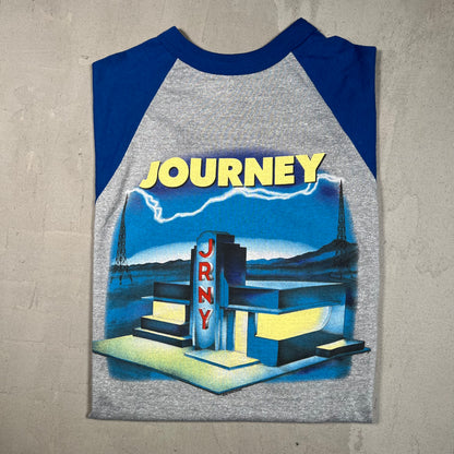 1986 Journey Raised On Radio Tour Grey/Blue Baseball Tee Size Medium USED v16627