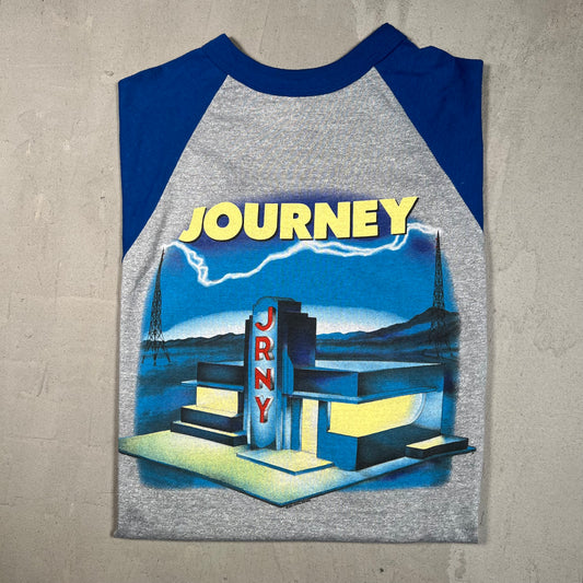 1986 Journey Raised On Radio Tour Grey/Blue Baseball Tee Size Medium USED v16627