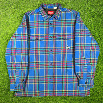 Supreme Quilted Plaid Flannel Shirt 'Dusty Royal' (2021) Size Large USED x14833