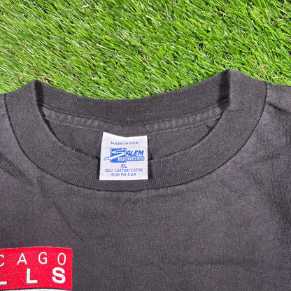 1992 Chicago Bulls Back 2 Back Champs Rings Salem Tag Black Tee Size XL USED v16737
