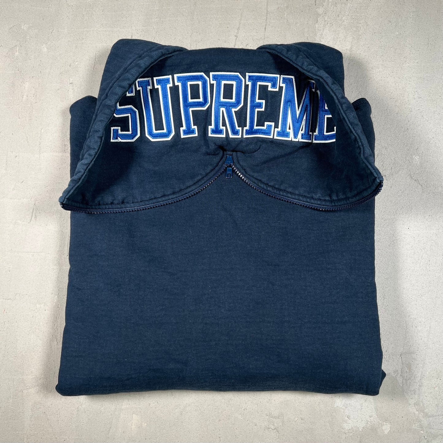 Supreme Zip Hooded Spellout Navy Blue Hoodie (2016) Size XL USED x16910