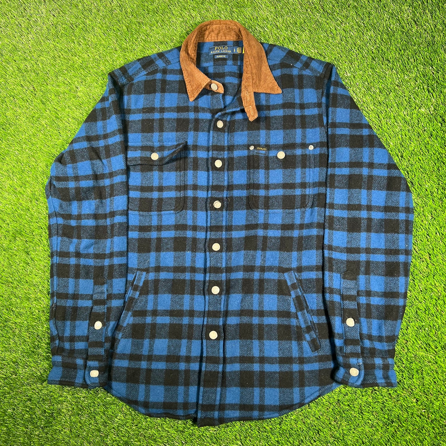 Polo Ralph Lauren Black and Blue Plaid Flannel Size Large USED v17135