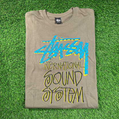 Y2K Stussy Olive International Sound System Tee Size XL USED x16475