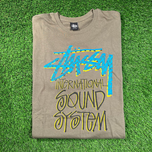 Y2K Stussy Olive International Sound System Tee Size XL USED x16475