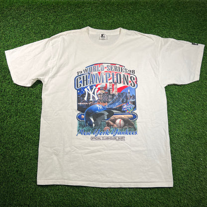1998 Yankees World Series Twin Towers White Tee Size XL USED v18523
