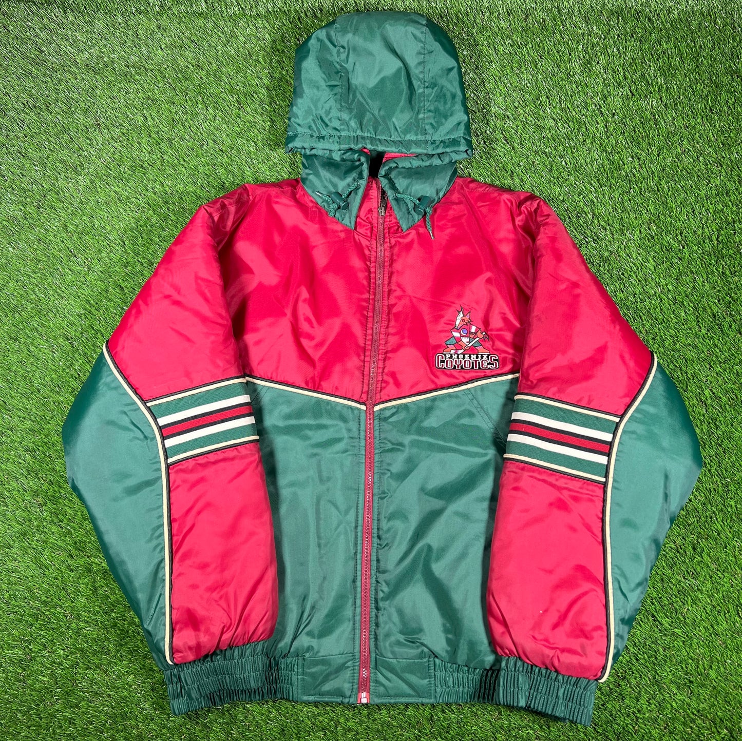 1990s Phoenix Coyotes Maroon Green Coach Jacket Size Large USED v16989