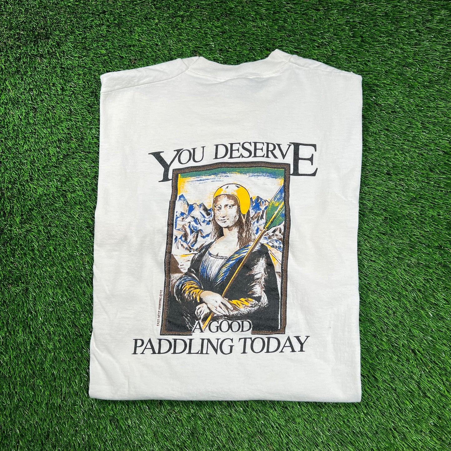 1992 Whitewater Rafting "Mona Lisa" Tree White Size Large USED v18446