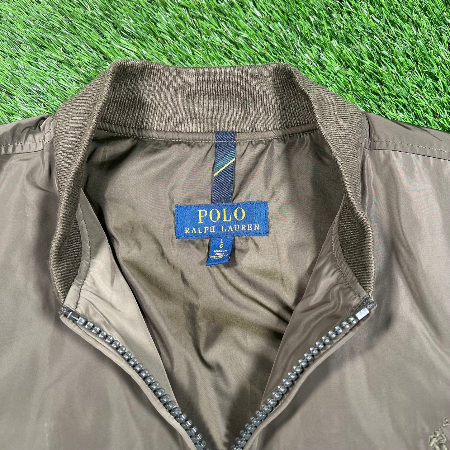 Polo Ralph Lauren Olive Satin Bomber Jacket Size Large USED v18000