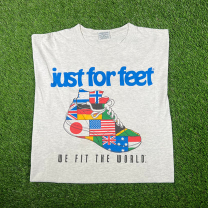 1990s Just For Feet We Fit the World Grey Tee Size XL USED v17180