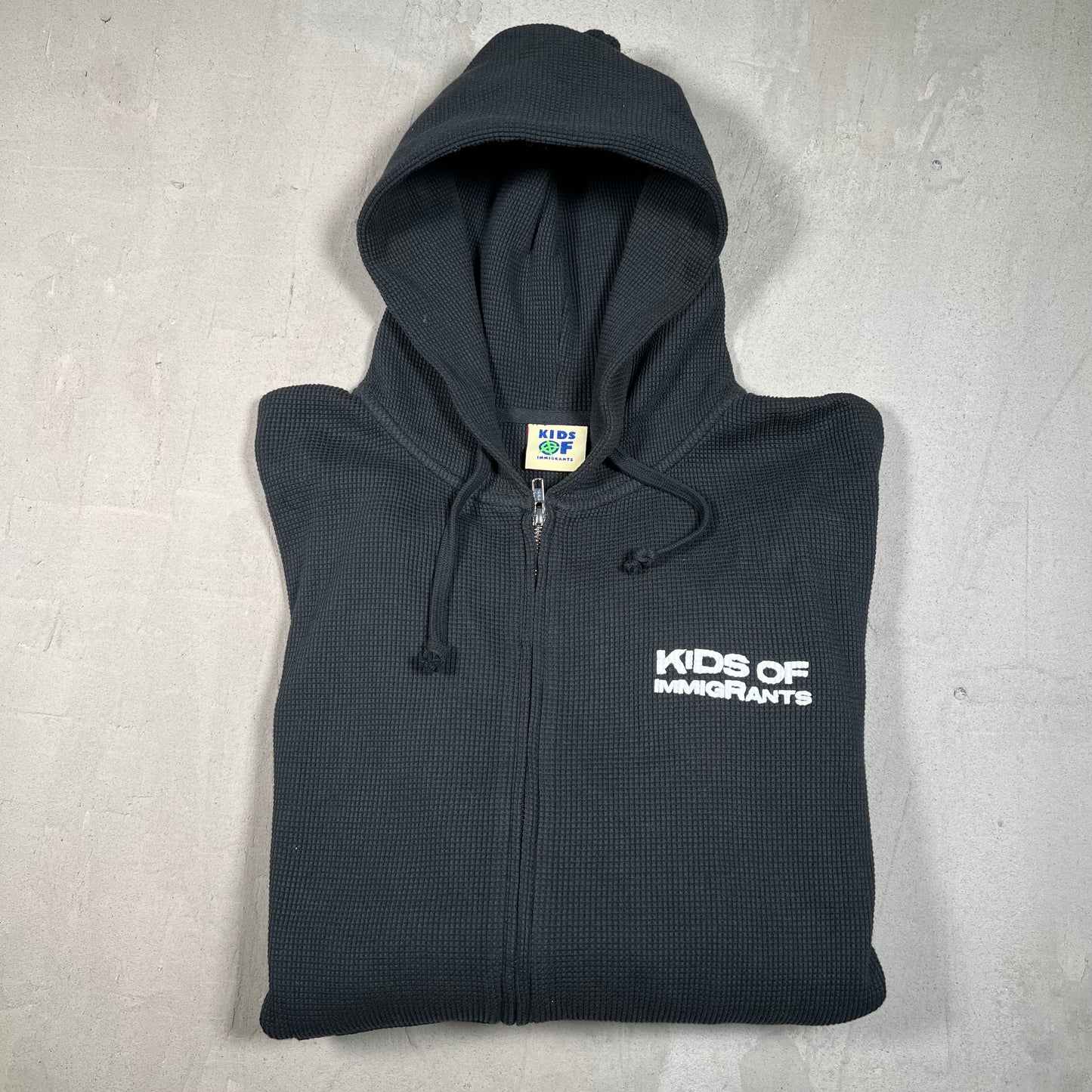 Kids of Immigrants Black Waffle Thermal Hoodie Size Large USED x17549