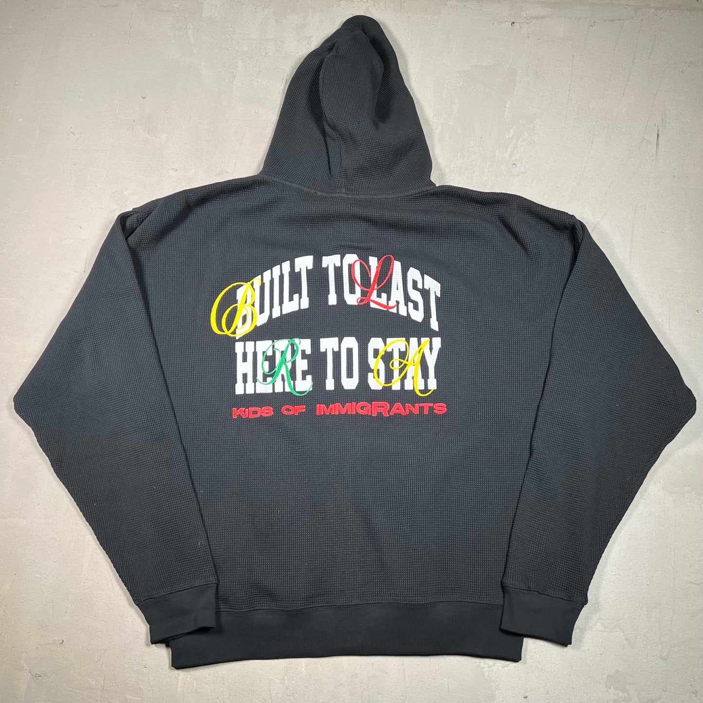 Kids of Immigrants Black Waffle Thermal Hoodie Size Large USED x17549